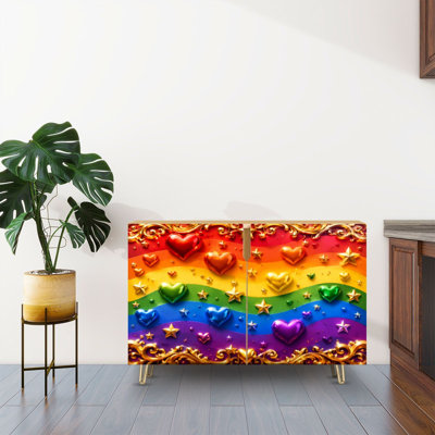 Sideboard Buffet Cabinet with Storage Colorful Rainbow Metallic Hearts Stars Ornate Gold Design with 2 Doors for Living Room and Kitchen