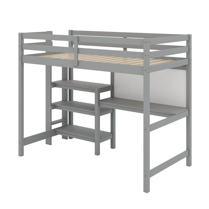 Lit mezzanine simple en bois avec tablettes, bureau et tableau d'écriture, Gris