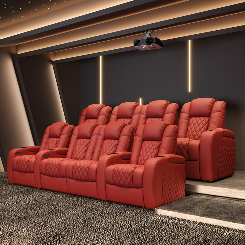 Upholstered Power Reclining Home Theater Seating with Cup Holder, Red