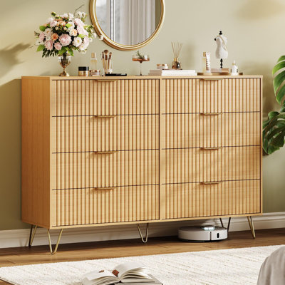 Commode 8 tiroirs pour chambre à coucher, commode cannelée avec poignées en métal, organisateur de vêtements et meuble télé pour le salon