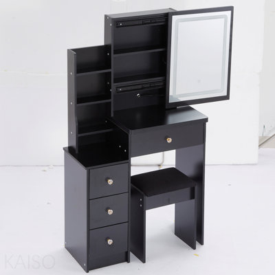 Petite coiffeuse de 29,2 po avec tabouret de chevet gauche + grand tabouret rembourré, commande tactile, interrupteur tricolore, miroir à luminosité réglable, rangement grande capacité