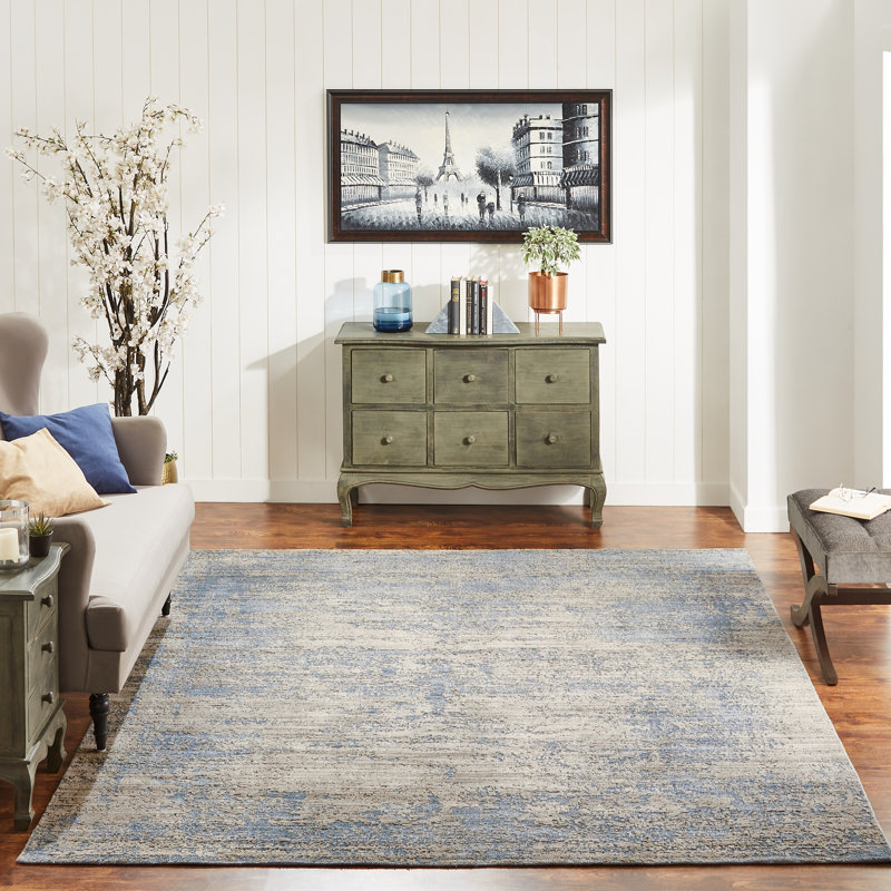 Tapis abstrait rayé bleu et beige fabriqué à la main Gaven, 7 pi 9 po x 9 pi 9 po