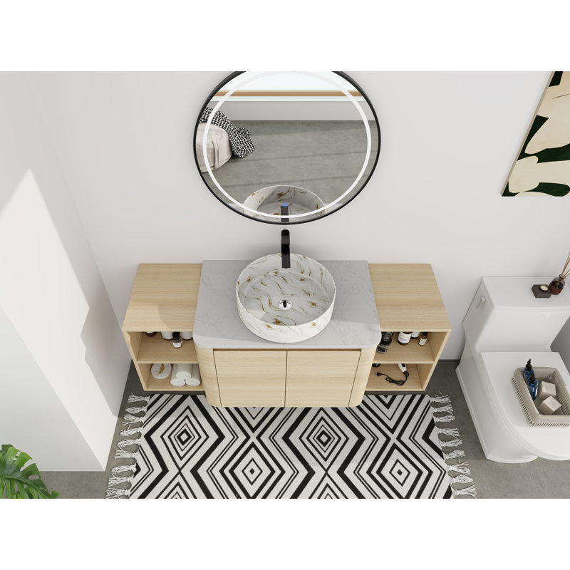 Meuble-lavabo double à double tablette ouverte (pleine longueur) - 5 options de couleur de lavabo (motifs blanc / noir / marbre) + armoire en bois clair (type C)