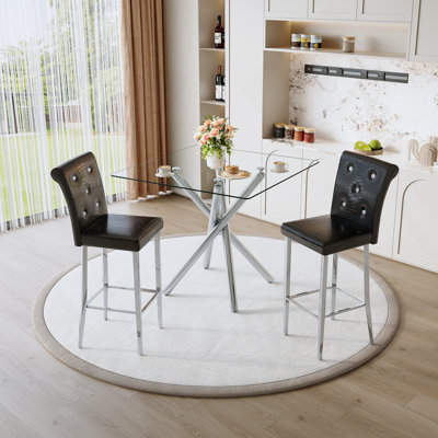 3 Pieces Dining Table Set, Glass Table And 2 Bar Stools