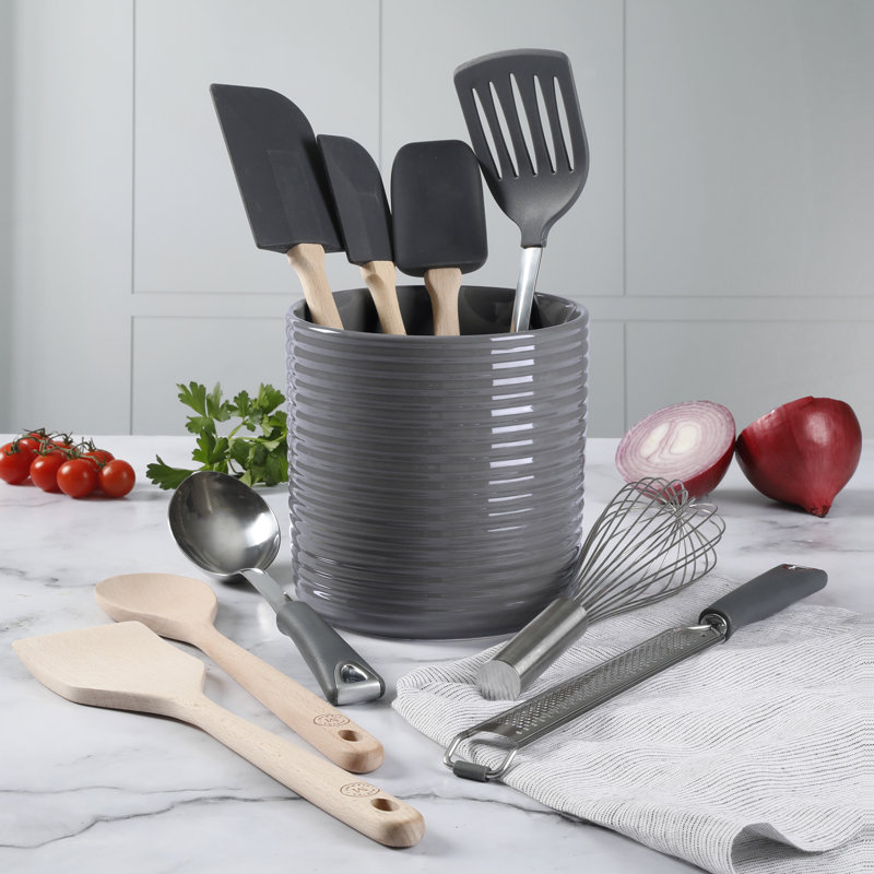 10-Piece Gray Kitchen Utensil Set with Ceramic Crock