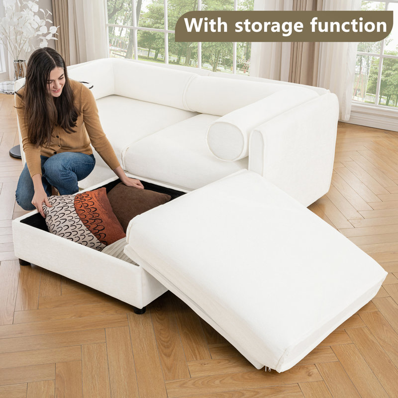 Stylish White Chenille 2-Seater Sofa with Storage, Cylindrical Backrest and Armrests, Modern Fabric Loveseat, White, 2