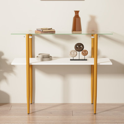 Table de canapé en verre, table d'entrée de style Mid-Century moderne avec verre trempé et pieds dorés, table de canapé à 2 niveaux pour le couloir du salon, blanc