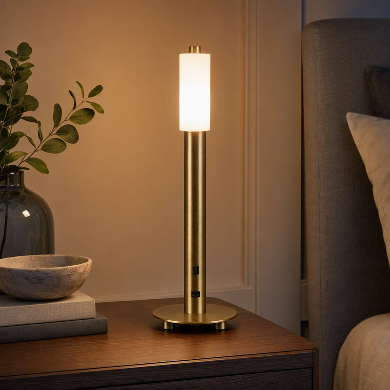 Lampe de table en métal doré poli de 47 cm de hauteur avec abat-jour en verre blanc dépoli