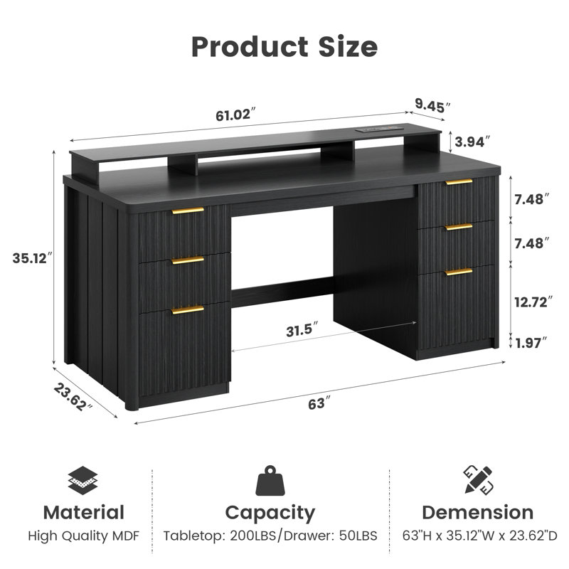 63''W Computer Desk With 3-Color Sensor Light & Power Outlets, Sturdy Table with Monitor Stand & File Drawer, Black
