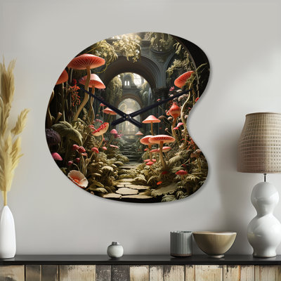 Mushroom The Secret Garden - Mushroom Asymmetrical Metal Wall Clock, Country Irregular Shape Wall Clock Print