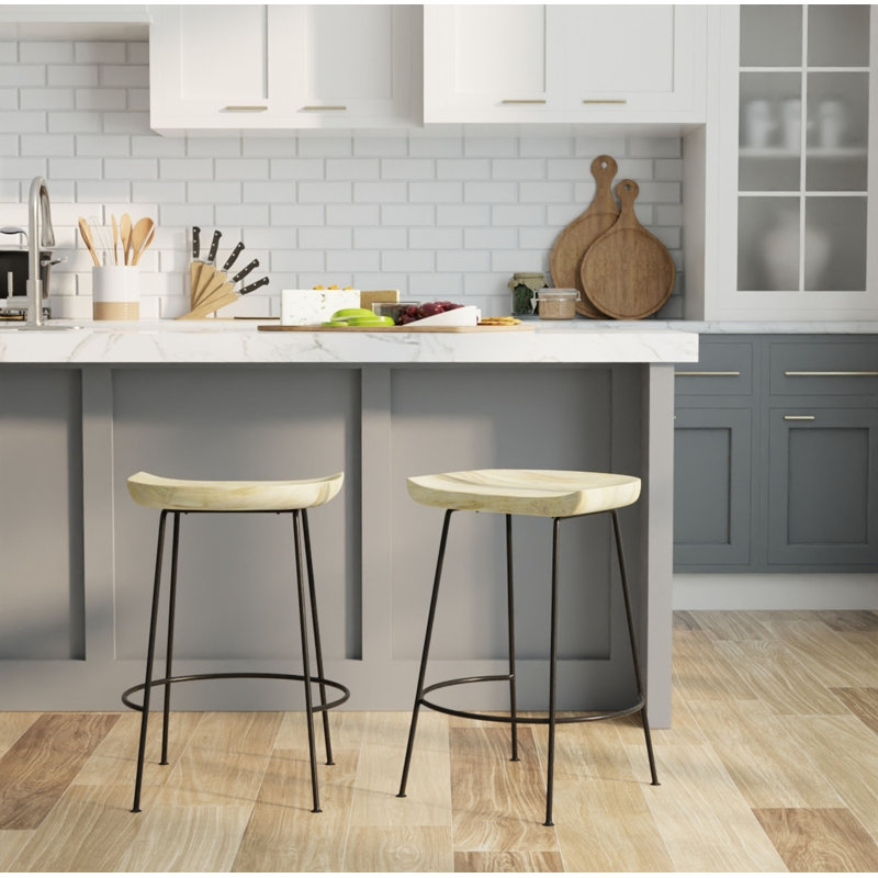 Samanthia Counter Stool with Metal Frame, Natural/Black, Counter Stool (24.5" Seat Height)