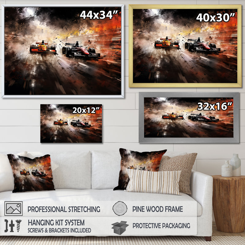 Formule 1 Speed Car Speedway Fury 3 - Art de course sur rails, H 16 po x l 32 po x P 1 po, Cadre flottant noir