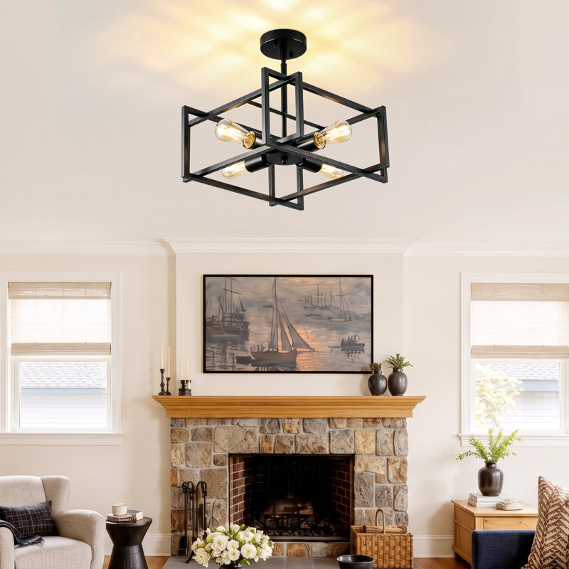 4-Light Metal Semi Flush Mount Ceiling Light, Black