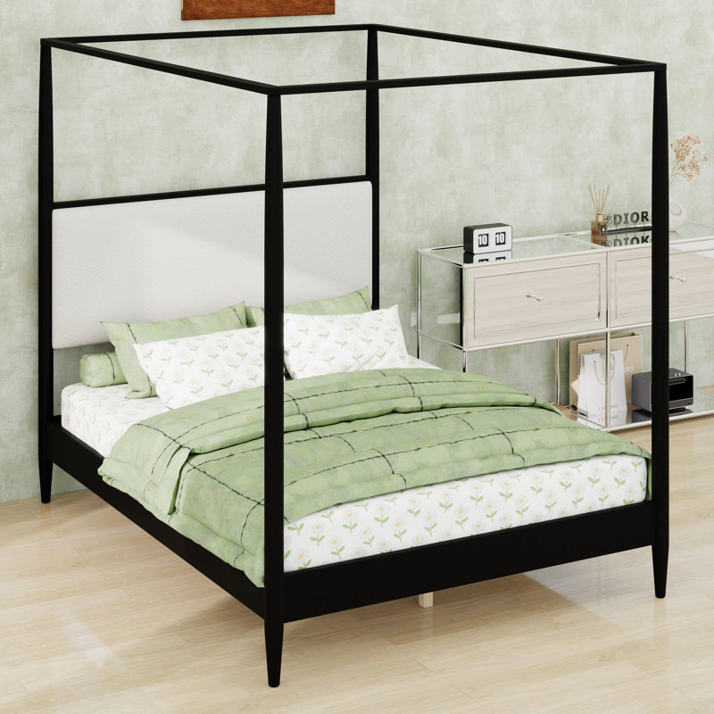 Structure de lit à baldaquin avec tête de lit moelleuse et joints renforcés pour les chambres à coucher de style Mid-Century