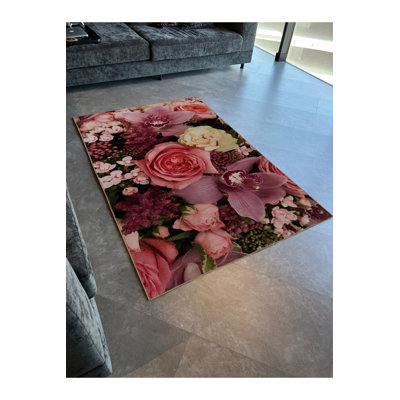 Tapis décoratif moderne à motif mauve à motif de roses et de fleurs