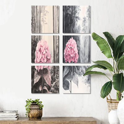 Hortensias dans la forêt monochrome - ensemble de 6 impressions florales sur toile