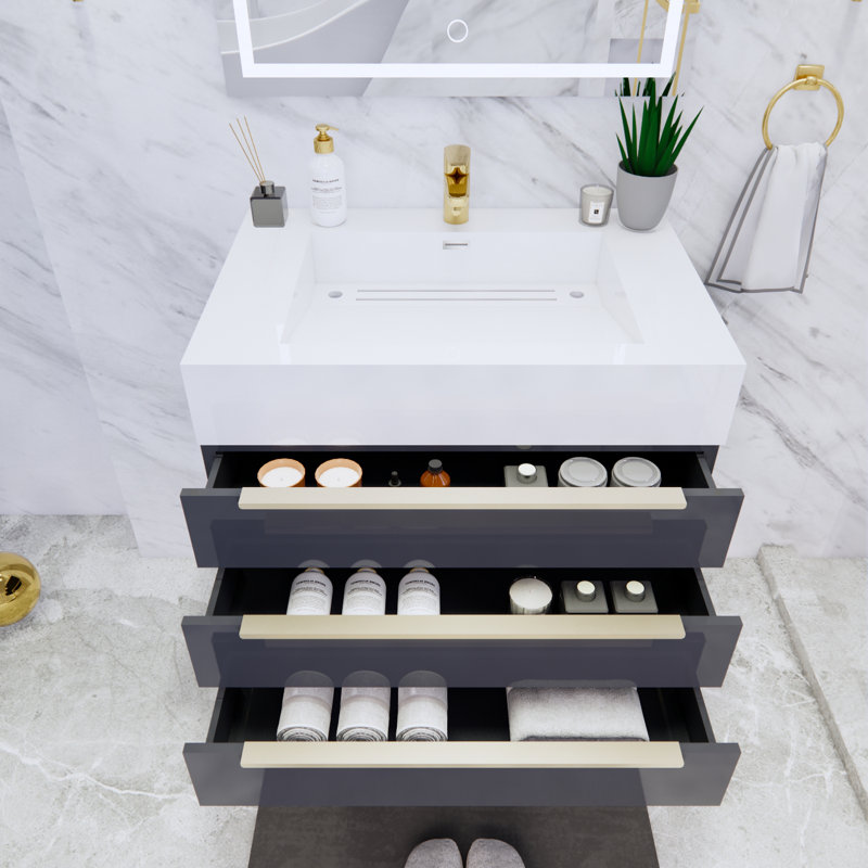 Glasgow 29.5'' Single Bathroom Vanity with Acrylic Top, High Gloss Dark Gray