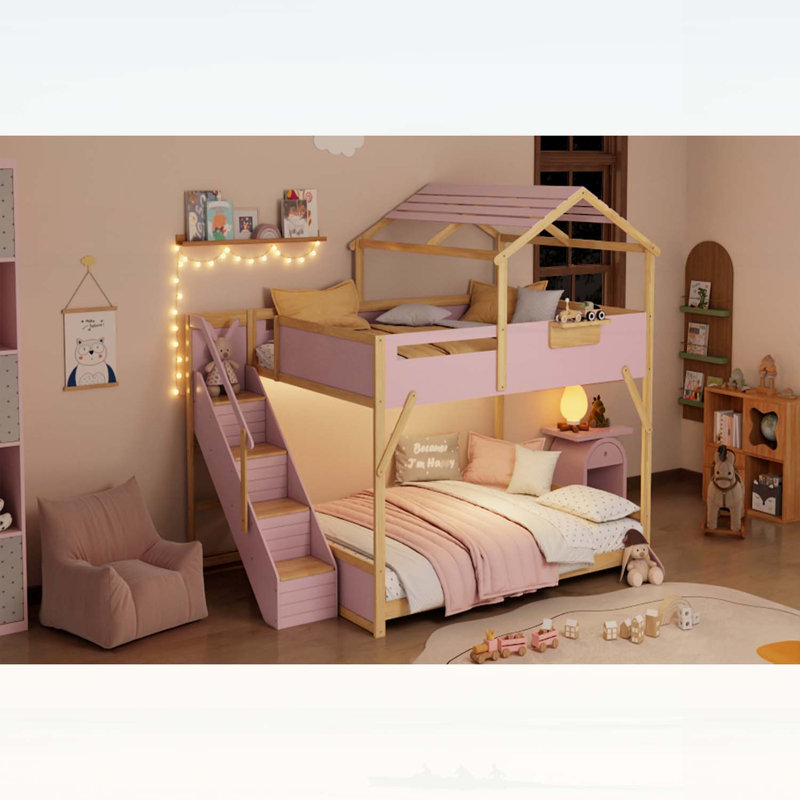 Lit superposé double au dessus d'un lit double avec escalier et lumières à DEL 3 couleurs, design fantaisiste et rangement