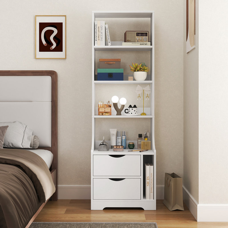 Table de chevet avec bibliothèque, table de chevet avec 2 tiroirs de rangement pour la chambre à coucher, Blanc