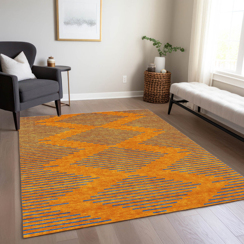 Orange and Blue Geometric Synthetic Washable Rug 46" x 30"