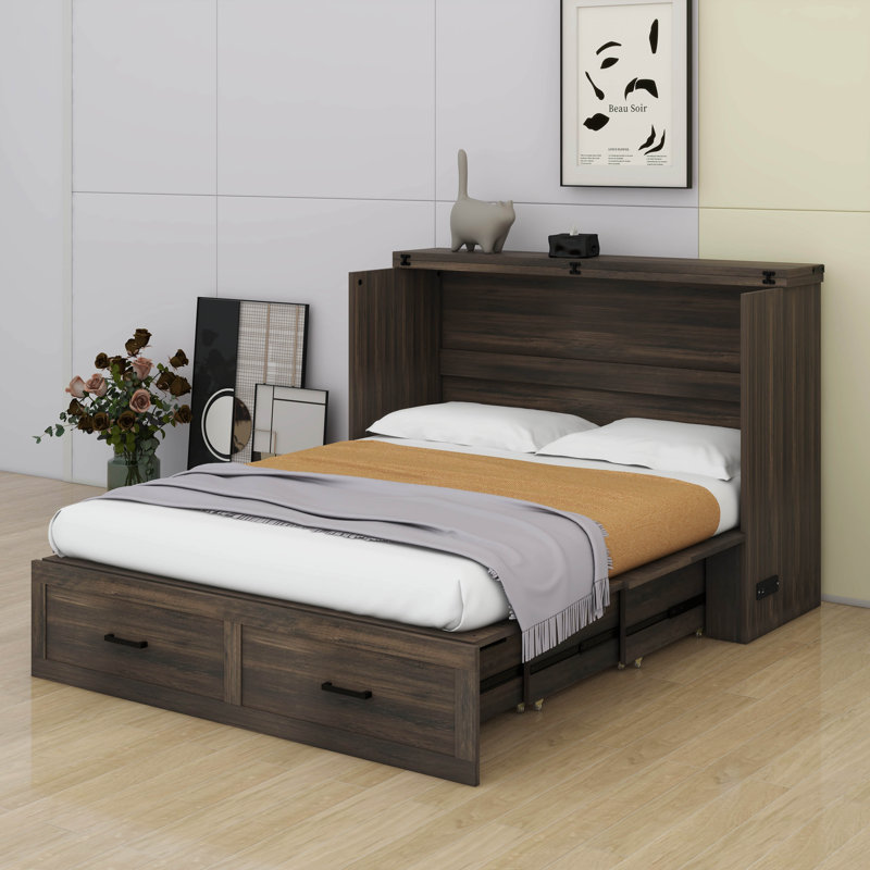 Grand lit escamotable, armoire-lit escamotable avec station de charge USB et tiroir de rangement, Gris rustique