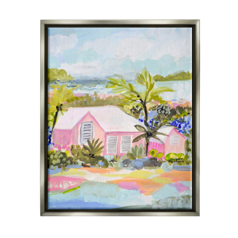 «Pink Tropical Cottage» par Karen Fields, H 31 po x l 25 po x P 1,7 po, Cadre flottant gris lustré