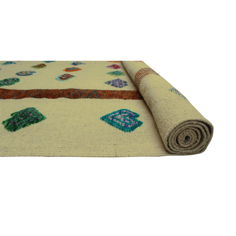 Tapis beige en laine noué à la main de conception unique 6 pi 8 po x 9 pi 5 po Alverson