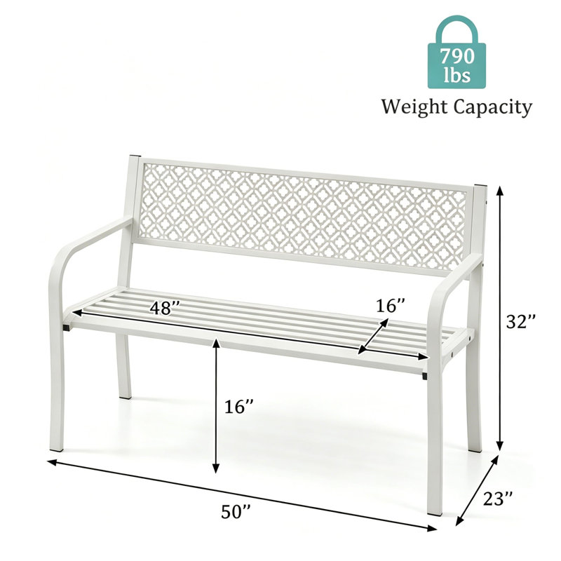 Garden Bench for 2 , Heavy Duty Steel Patio Bench with 790 lbs Capacity, Weather Resistant Black Seating & Geometric Backrest, Outdoor Furniture for Yard (White)