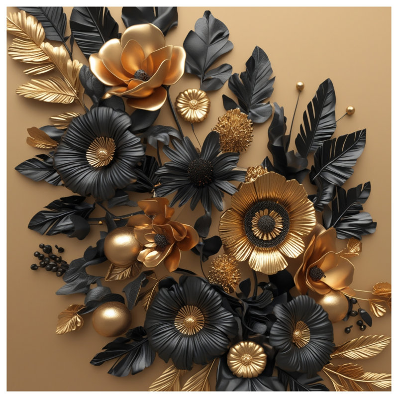 Couvertures d'arrangement floral doré noir, L 50 po x H 60 po