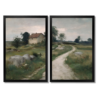 Grey Charming Farmhouse In Ireland - Barn Farm Ranch Wall Art, Green Farmhouse Canvas Print Set Of 2