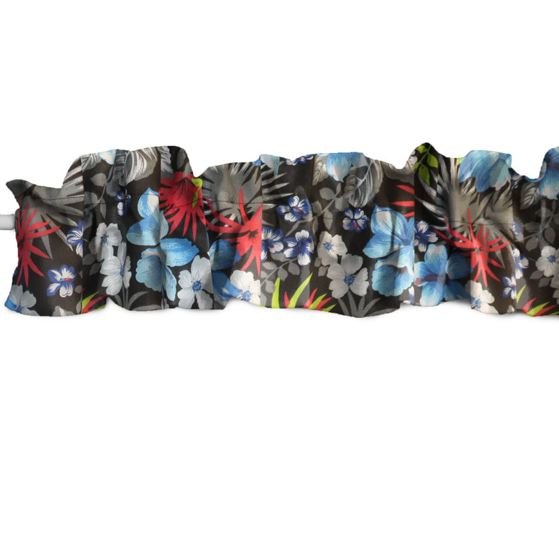 Hawaiian Tropical Print Sleeve Topper Window Valance, 9" W x 144" L, Black