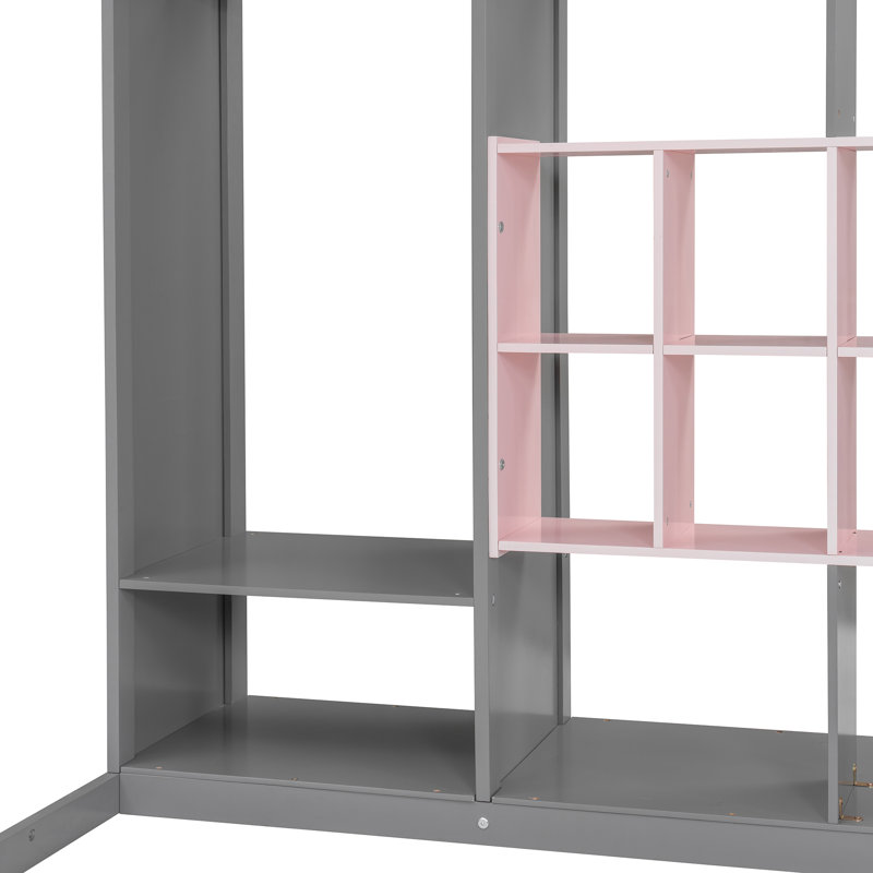 Lit mezzanine simple en bois avec garde-robe, tablettes et armoire, gris et rose