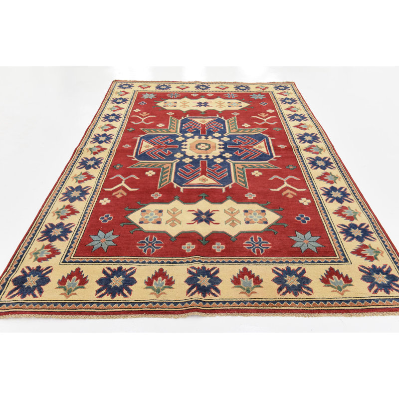 Tapis en laine rouge 5 pi 11 po x 9 pi 1 po one-of-kind à la main noué la new age Alayna