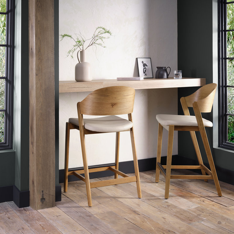 Upholstered Counter Stool with Solid Wood Frame, Medium Wood, Ivory