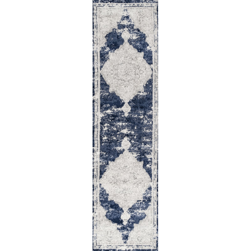 Amee Ornate Medallion Modern Ivory/Navy Rug, Runner 2'2" x 8'
