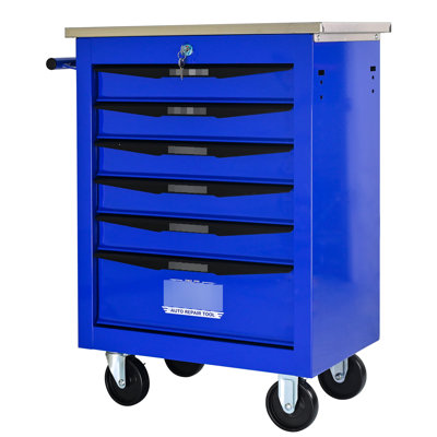 Multifunctional 6 Drawers Rolling Tool Cart, Black & Blue Metal Storage For Repair Shop, Smooth Countertop, 4 Universal Wheels With Locking Mechanisms Workshop Cart Stainless Steel Roof, Blue,