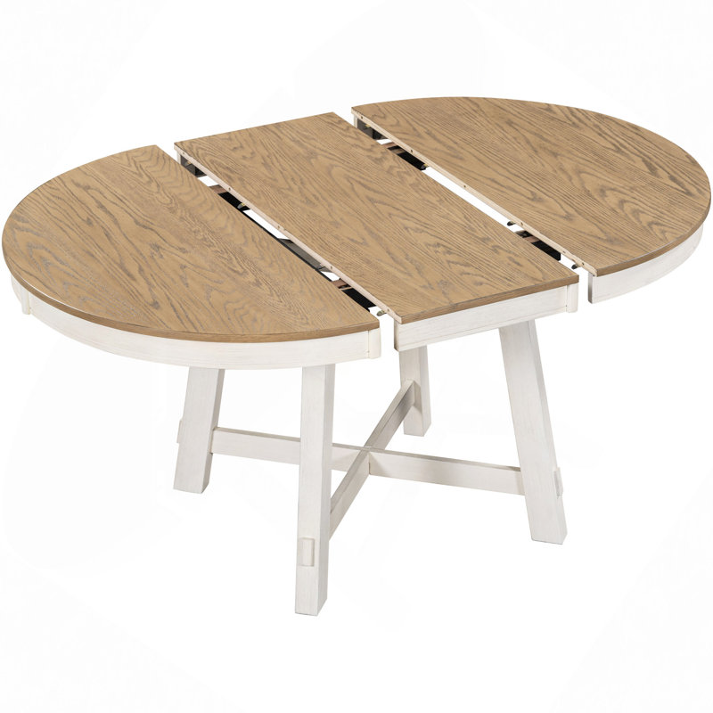 Table de salle à manger extensible Farmhouse, Bois de chêne naturel, Blanc antique