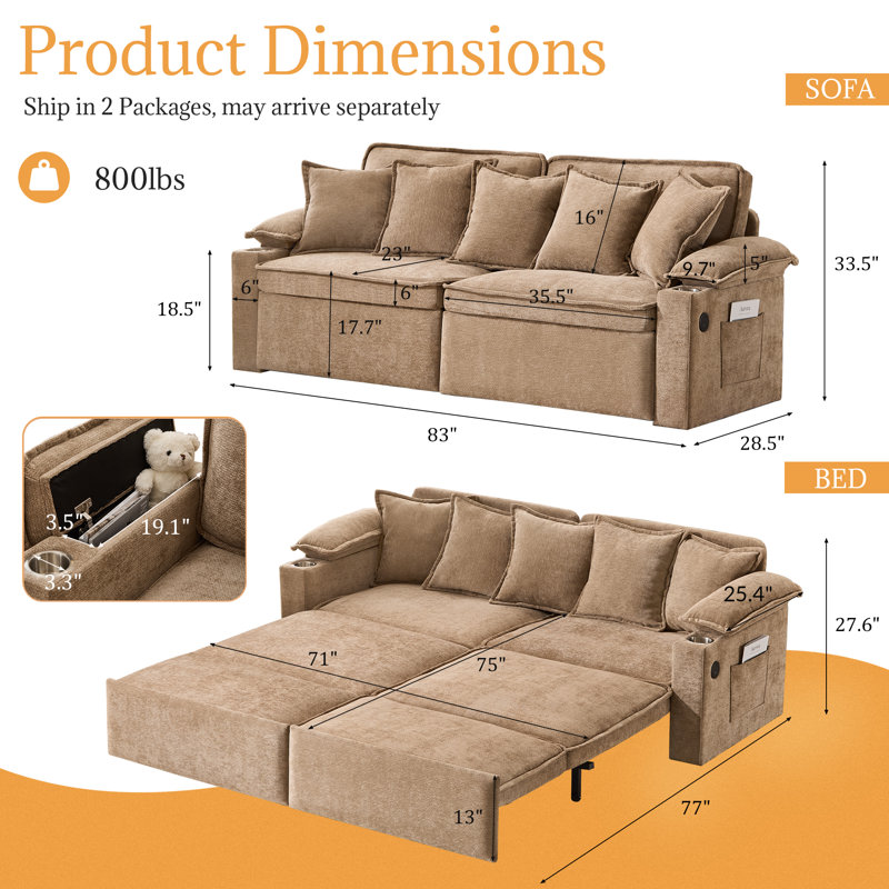 Full Size Pull Out Sofa Bed With Storage，Convertible Sleeper Sofa Bed With Usb Ports Cup Holders, Chenille Upholstered Couch With Chaise Lounge For Living Room, Guest Room, Brown