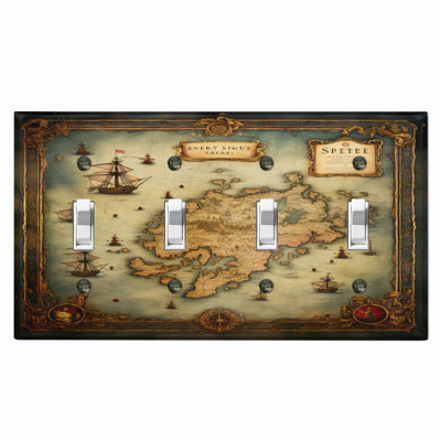 Metal Light Switch Plate Outlet Cover (Ship Travel World Map Biege - Quadruple Toggle)