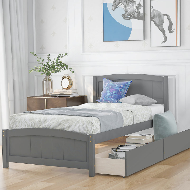 Platform Bed with Two Drawers, Gray