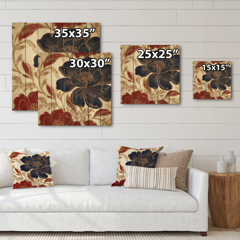 Brada - Œillet rouge et bleu sur fleur, impression sur bois, H 15 po x l 15 po x P 0,78 po