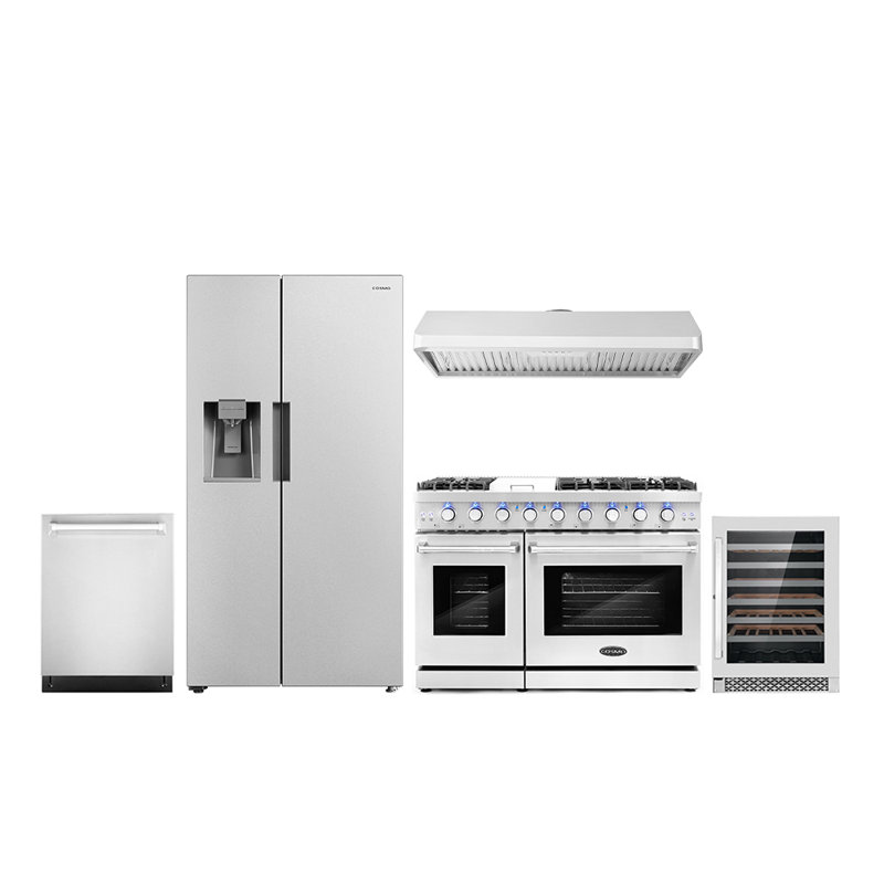 Cosmo 5 Piece Kitchen Appliance Package with Side By Side Refrigerator 47.9'' Gas Freestanding Built-In Under Cabinet Range Hood