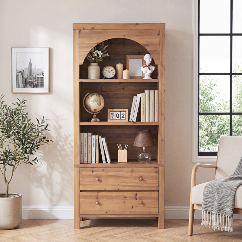 Bibliothèque à 3 tablettes en bois massif avec tiroirs