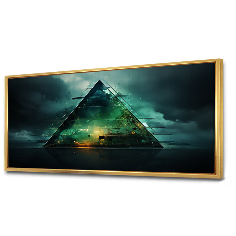 «Green Abstract Echoes Of Piramid II», art mural géométrique, Cadre flottant doré, H 28 po x l 60 po x P 1,5 po
