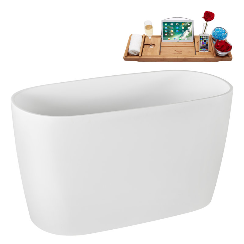 47" Streamline Soaking Glossy White Acrylic Freestanding Bathtub, Bamboo Tray, Drain, Brushed Brass