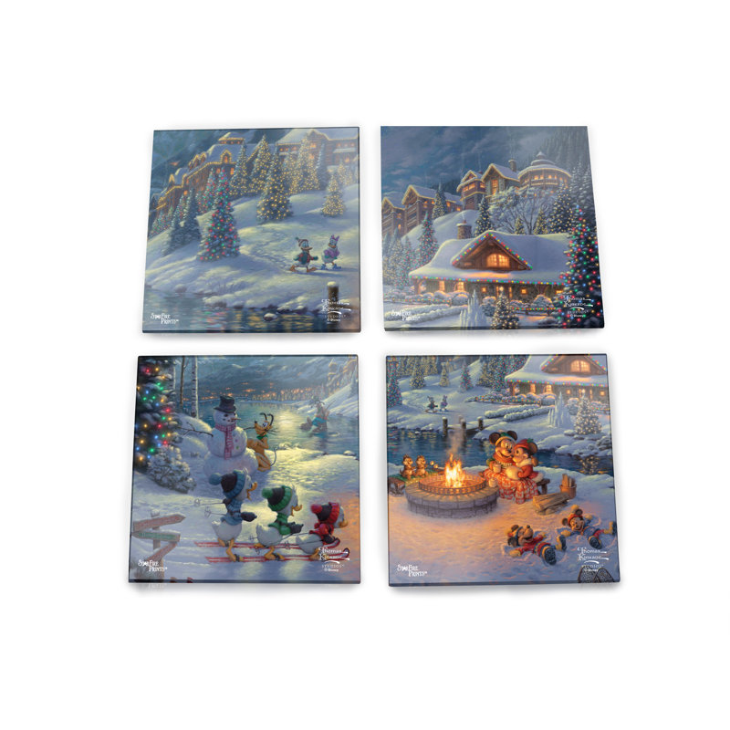 (Symboles) Ensemble de sous-verres en verre Starfire, Thomas Kinkade / Mickey et Minnie Lodge de Noël