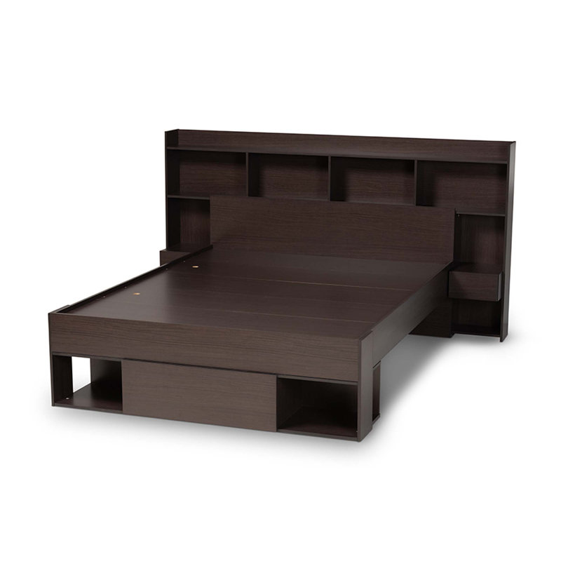Dexton Dark Brown Queen Wood Platform Storage Bed with Shelves