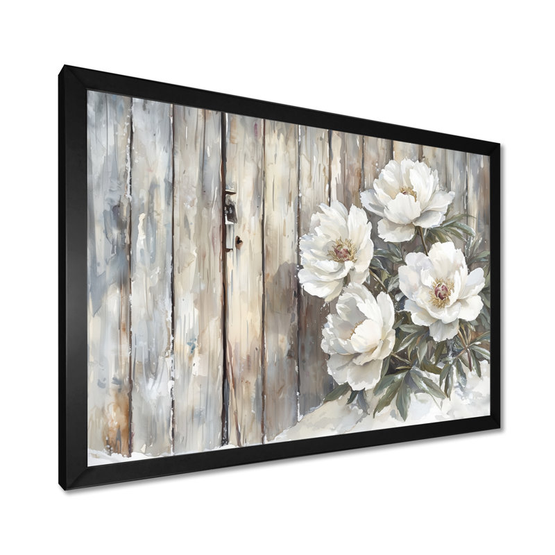 Pivoines par la porte de grange glacée - pivoines, art mural, H 16 po x l 32 po, Cadre flottant, Noir