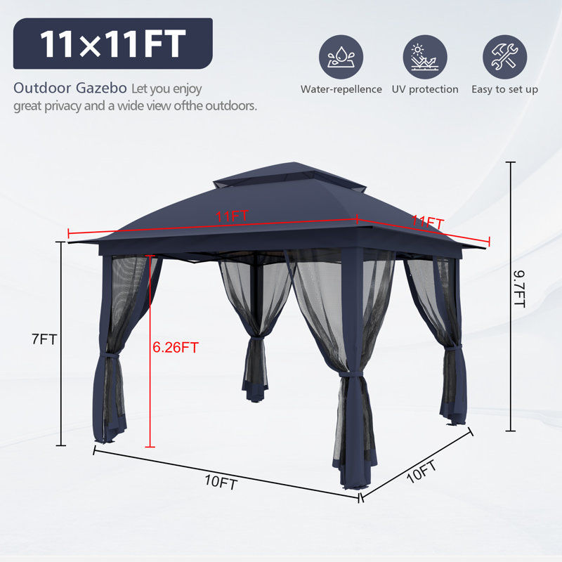 11x11ft Pop-Up Gazebo with Mosquito Netting, Water-Resistant Canopy, UV Protection & Sturdy Steel Frame, Portable Outdoor Gazebo with Carrying Bag for Patio, Backyard, Garden & Deck-Navy Blue
