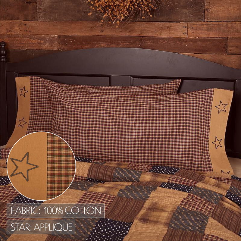 King Size Red and Tan Plaid Embroidered Cotton Pillowcase